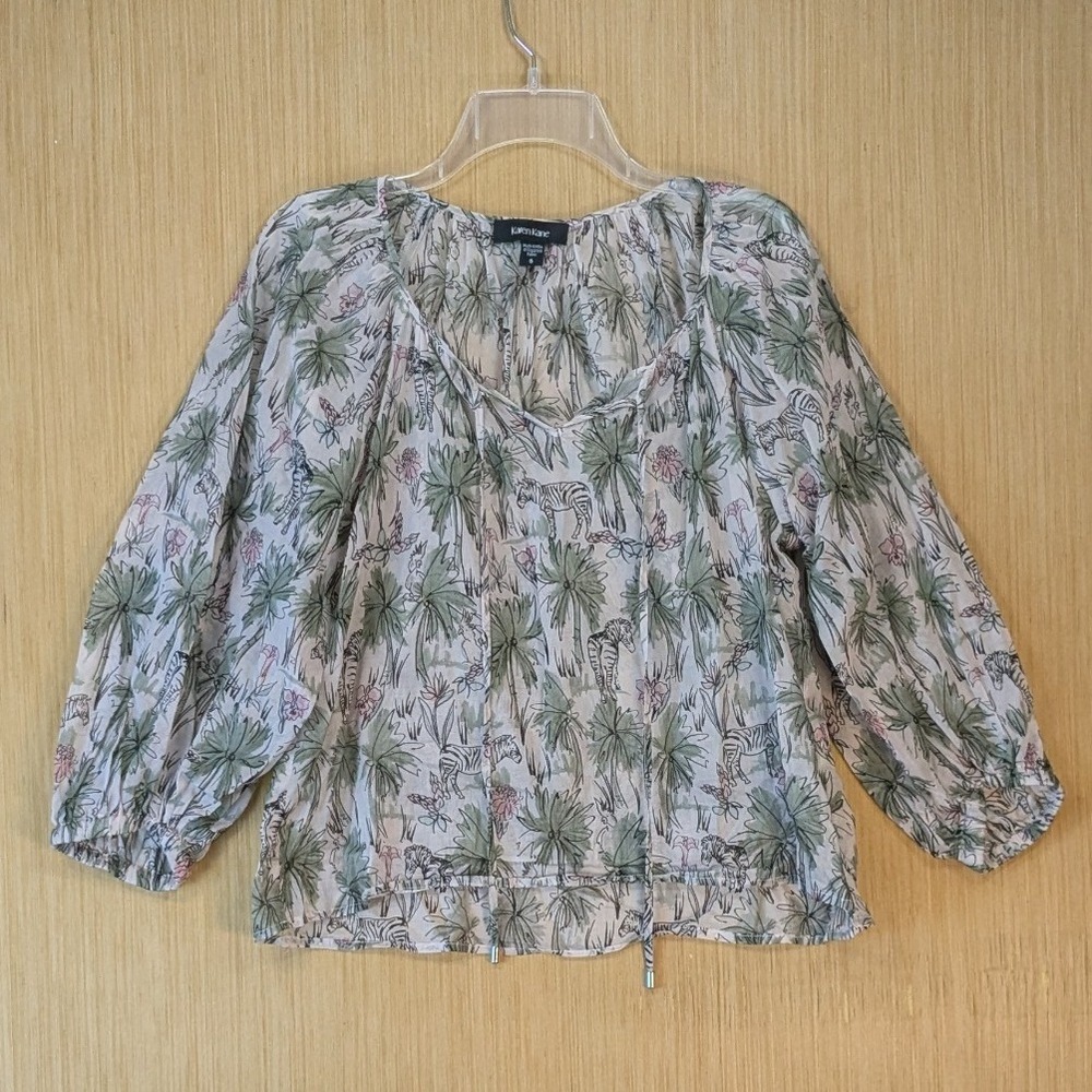 Karen Kane Womens Boho‎ Zebra Parrot Palm Tree Safari Cotton Gauze Blouse Small